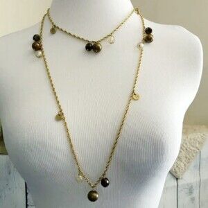 Long Gold Tone Bead Statement Necklace